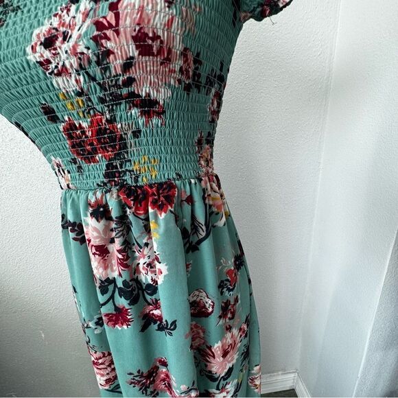Derek Heart Floral High Low Dress Green Elastic Smocked Top SZ M - Picture 12 of 16